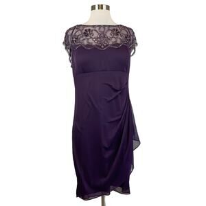 XSCAPE Beaded Chiffon Short Sleeve Ruched Sheath Cocktail Dress Purple Size 16